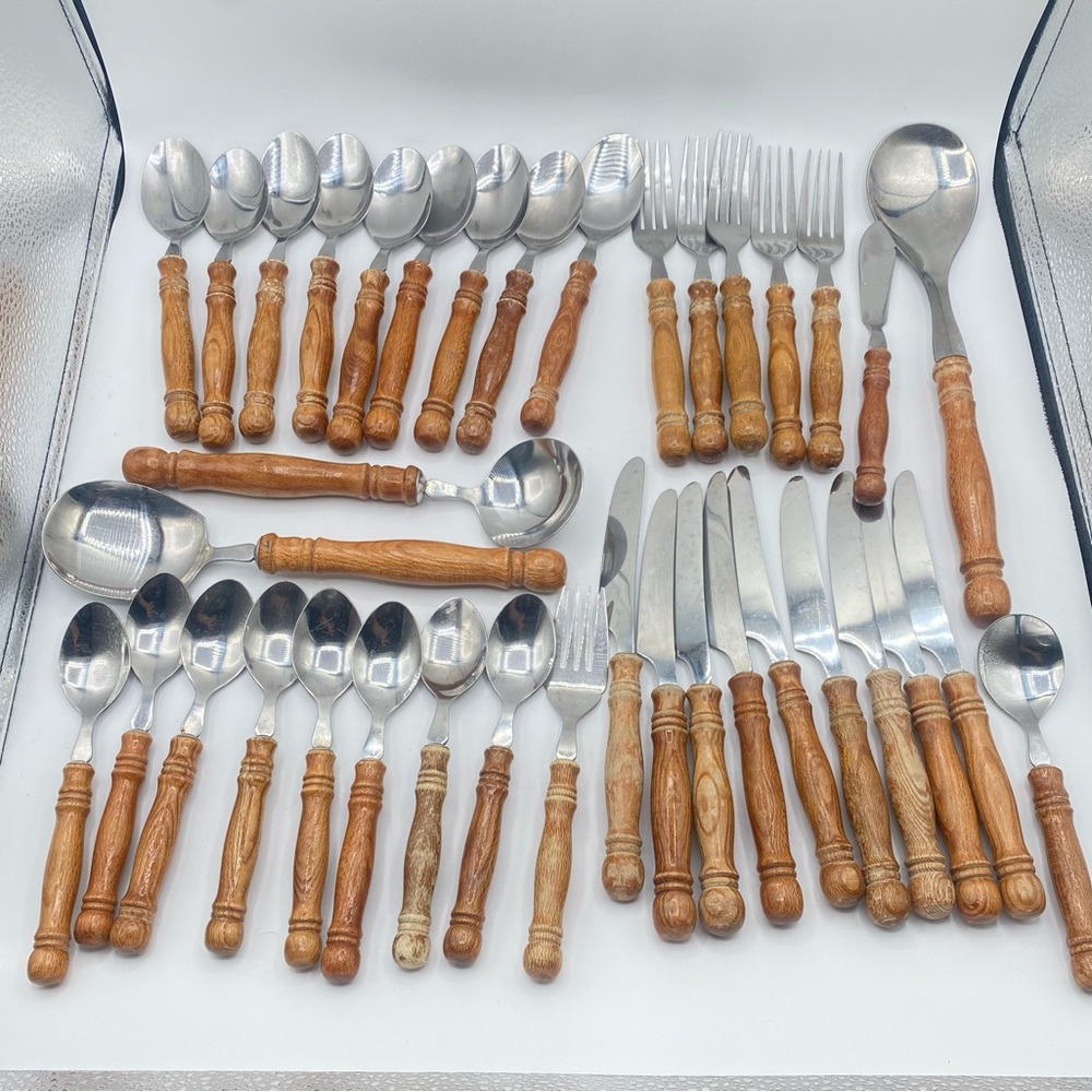 Vintage Taiwan 37pc Bamboo Wooden Handle Stainless Steel Flatware Homestead Set